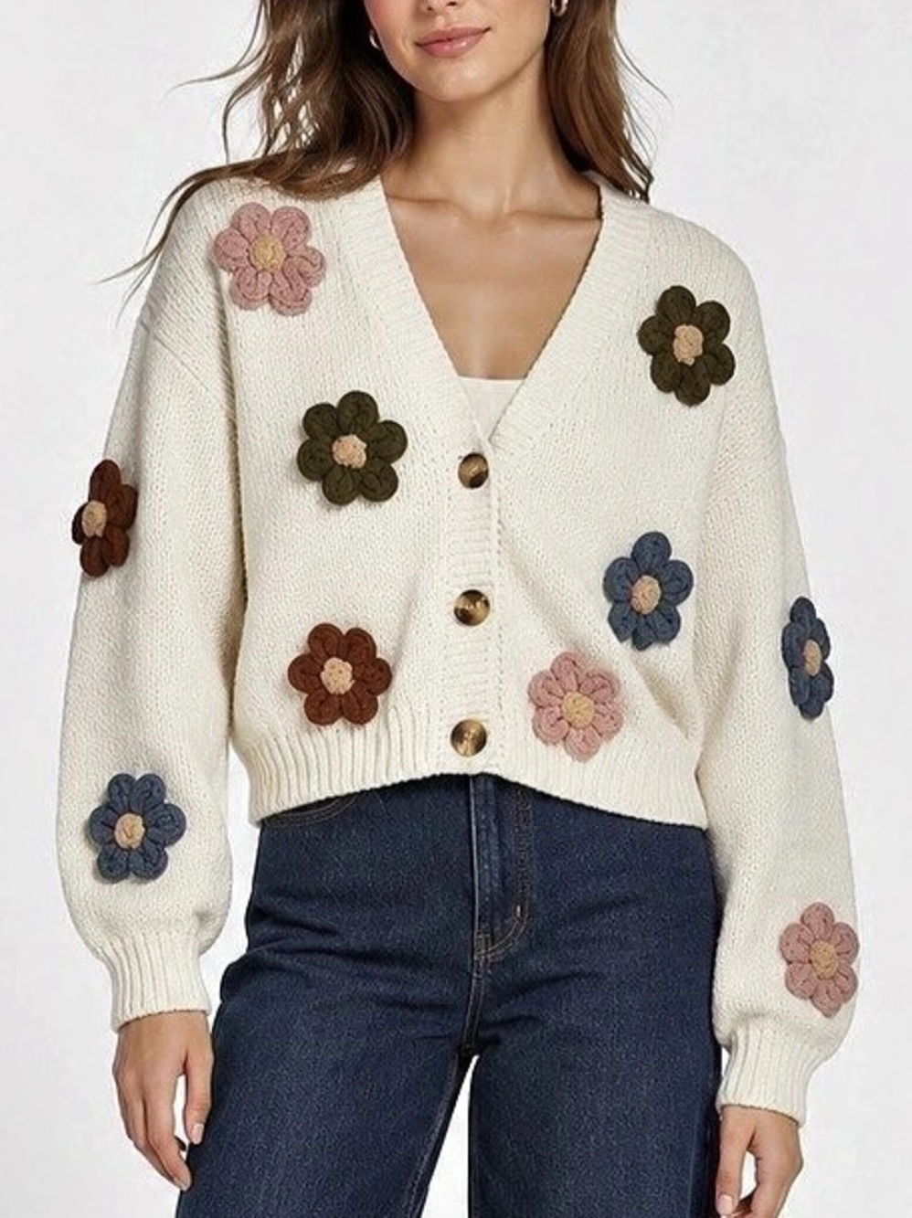 Whimsical Chunky Knit Cream 3D Floral Appliqué Button Down Cropped Cardigan – S